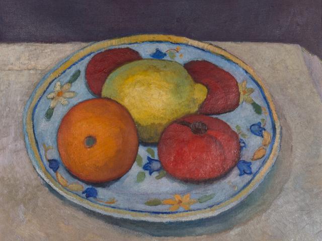 Paula Modersohn Becker Stillleben mit Tomaten Apfelsine und Zitrone 1906 Oeltempera auf Leinwand Dauerleihgabe aus Privatbesitz