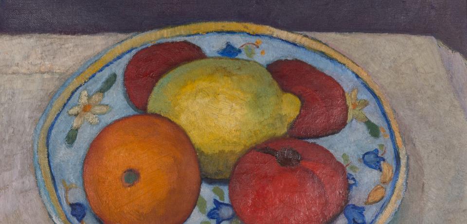 Paula Modersohn Becker Stillleben mit Tomaten Apfelsine und Zitrone 1906 Oeltempera auf Leinwand Dauerleihgabe aus Privatbesitz Paula Modersohn-Becker, Stillleben mit Tomaten, Apfelsine und Zitrone, 1906, Öltempera auf Leinwand, Dauerleihgabe aus Privatbesitz