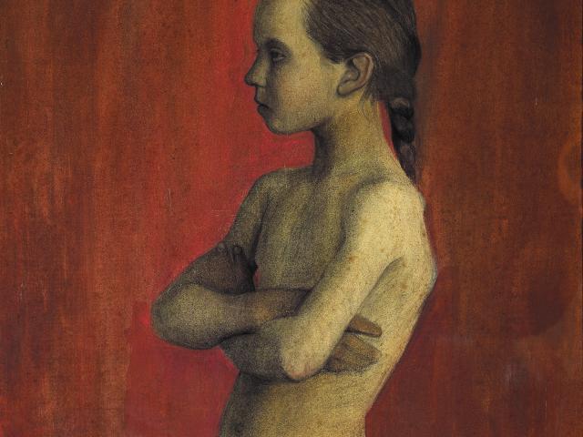 Paula Modersohn-Becker, Stehender Mädchenakt nach links, mit verschränkten Armen, 1898/99 Paula-Modersohn-Becker-Stiftung, Leihgabe aus Privatbesitz copyright Paula-Modersohn-Becker-Stiftung, Bremen