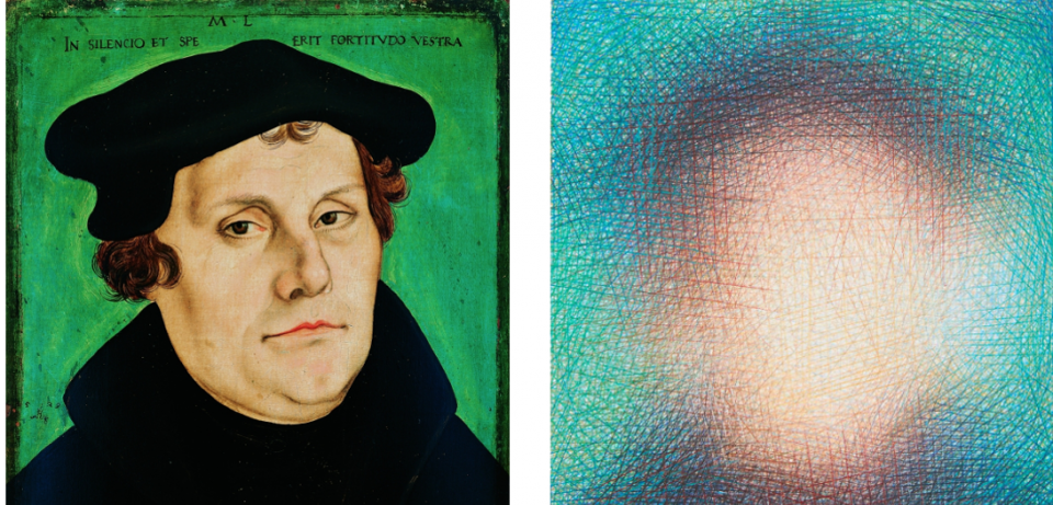 links: Slawomir Elsner Bildnis Martin Luther Buntstiftzeichnung 2017, rechts: Lucas Cranach d Ae Bildnis Martin Luther links: Slawomir Elsner, Bildnis Martin Luther, Buntstiftzeichnung, 2017; rechts: Lucas-Cranach-d. Ä., Bildnis Martin Luther, 1429, Tempera auf Buchenholz, 37,5 x 24 cm