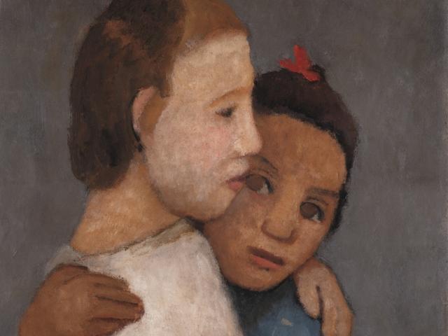 Paula Modersohn Becker: Zwei Mädchen in weissem und blauem Kleid sich an der Schulter umfassend, Gemälde 1906, Privatbesitz Hamburg