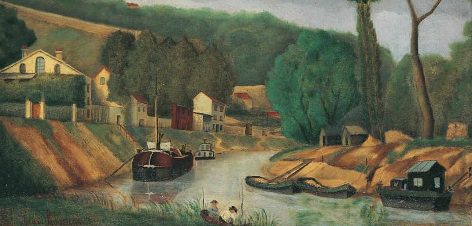 Henri Rousseau Bord de riviere 1886 Oel auf Holz Sammlung Zander  Henri Rousseau, Bord de rivière, 1886, Öl auf Holz, Sammlung Zander 