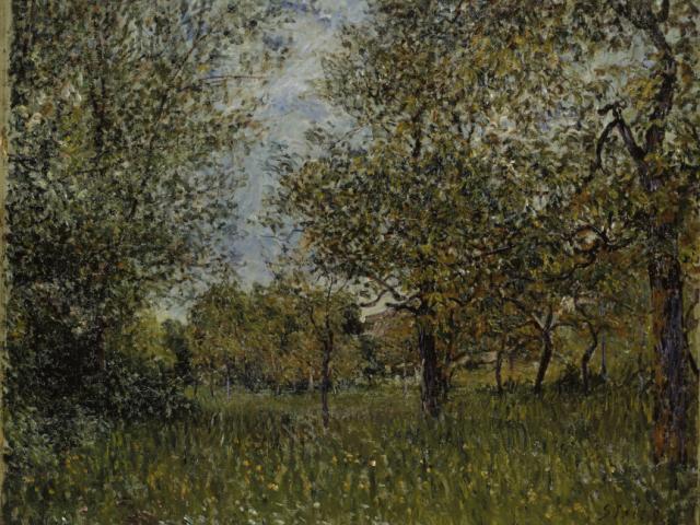 Alfred Sisley, Kleine Wiese in By, 1880, Öl auf Leinwand, © Remagen, Arp Museum Bahnhof Rolandseck, Sammlung Rau für UNICEF, Foto Peter Schälchli