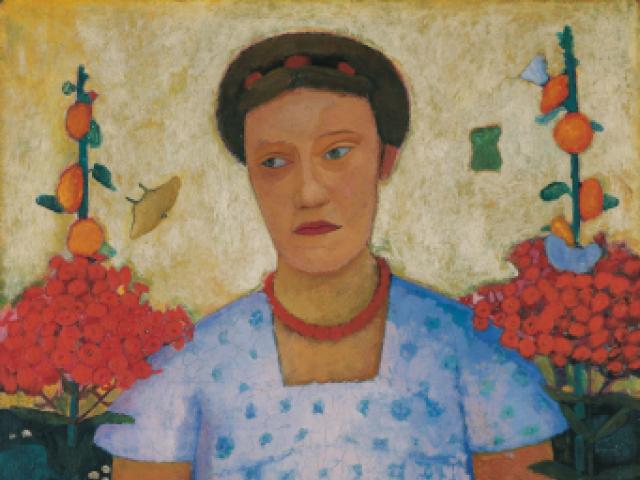 Paula Modersohn-Becker, Bildnis Lee Hoetger vor Blumengrund, 1906, Öl auf Leinwand, Museen Böttcherstraße, Paula Modersohn-Becker Museum, Bremen