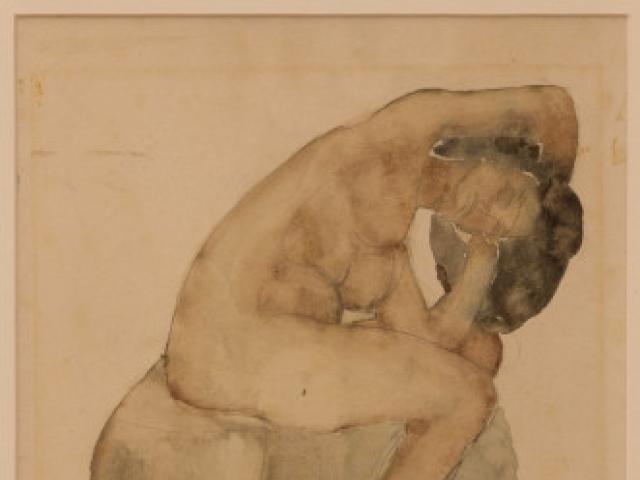 Bernhard Hoetger, Sitzender weiblicher Akt mit schwarzen Haaren, um 1906, Rötel aquarelliert, Museen Böttcherstraße, Sammlung Bernhard Hoetger, Foto: Patric Leo