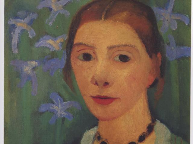Paula Modersohn-Becker: Selbstbildnis vor grünem Hintergrund mit blauer Iris, um 1905