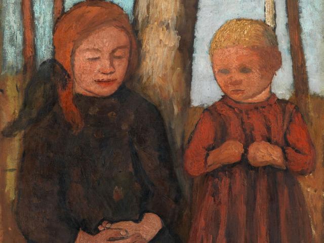 Paula Modersohn-Becker: Kniendes Mädchen und Kind vor Baumstämmen, um 1905, Privatbesitz