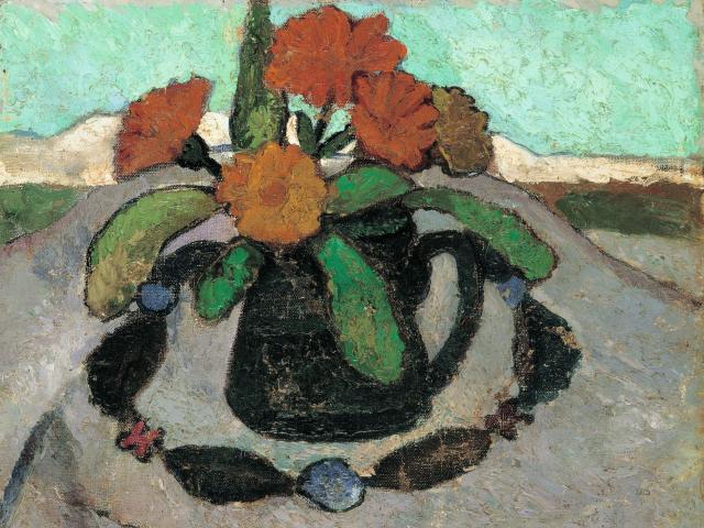 Paula Modersohn-Becker: Stillleben mit Ringelrosen vor Landschaft, 1907, Privatbesitz