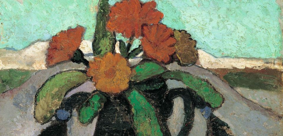 PMB Stillleben mit Ringelrosen vor Landschaft 1907 Privatbesitz web Paula Modersohn-Becker: Stillleben mit Ringelrosen vor Landschaft, 1907, Privatbesitz