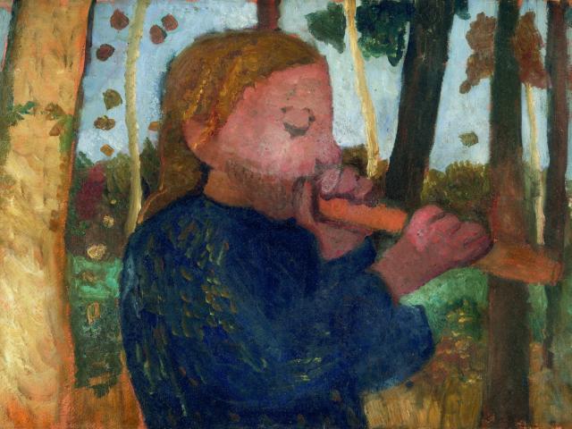 Paula Modersohn-Becker: Brustbild eines Flöte blasenden Mädchens im Birkenwald, 1905, Privatbesitz