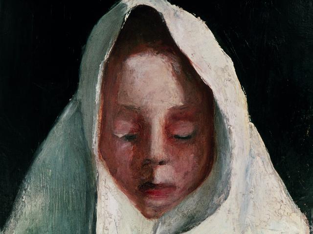 Paula Modersohn-Becker: Kinderkopf mit weißem Kopftuch, um 1897, Privatbesitz