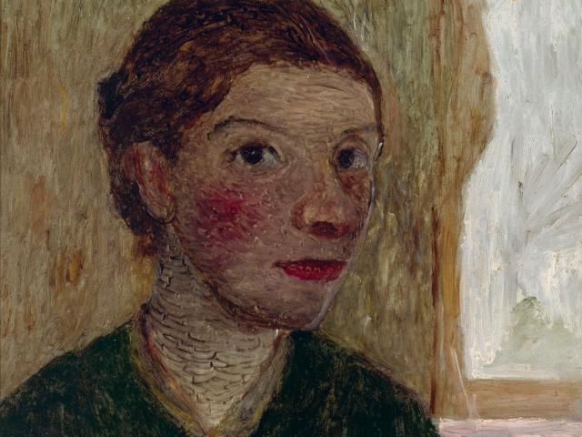Paula Modersohn-Becker: Brustbild mit Pinsel in der erhobenen Hand, um 1902, Privatbesitz