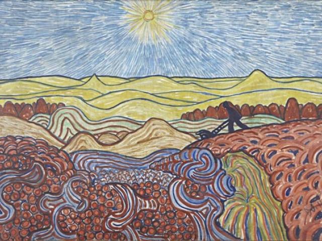 Wilhelm Morgner: Mann mit blauer Karre in ornamentaler Landschaft, 1911, Kunstmuseum Wilhelm-Morgner-Haus, Soest, Foto: Thomas Drebusch