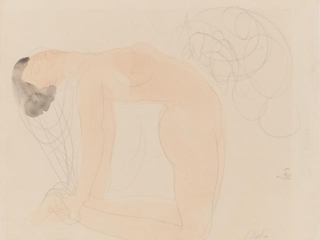 Auguste Rodin, Kniend zurückgebeugte Frau, um 1900, Aquarell über Bleistift auf Papier, Kulturstiftung Sachsen-Anhalt, Kunstmuseum Moritzburg, Halle (Saale)