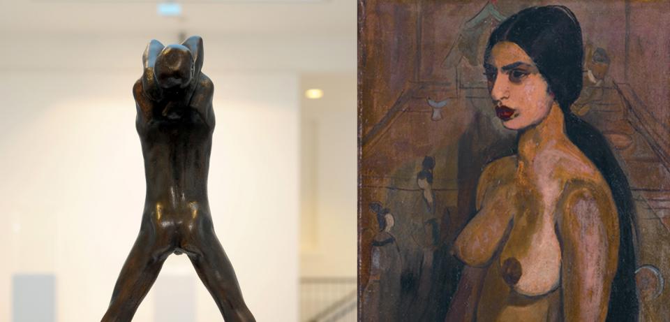 Doppelbild George Minne: Jüngling I, 1901, Bronze, Landesmuseum für Kunst- und Kulturgeschichte, Oldenburg und Amrita Sher-Gil: Selbstporträt als Tahitianerin, 1934, Sammlung V. und N. Sundaram, Hamburg