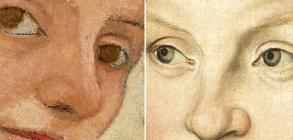 (v.l.) Detaill aus Paula Modersohn-Becker: Selbstbildnis am 6. Hochzeitstag, 1906 und Lucas Cranach d. Ä.: Bildnis Katharina von Bora, 1529, Museen Böttcherstrraße (v.l.) Detaill aus Paula Modersohn-Becker: Selbstbildnis am 6. Hochzeitstag, 1906 und Lucas Cranach d. Ä.: Bildnis Katharina von Bora, 1529, Museen Böttcherstrraße