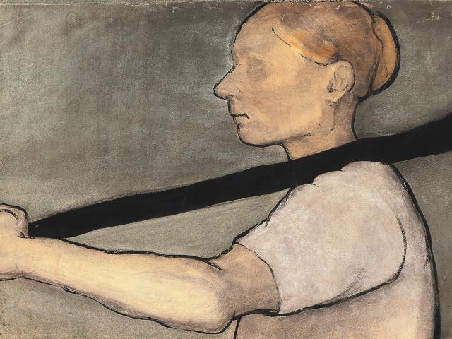 Paula Modersohn Becker Baeuerin eine Astgabel tragend um 1898 99 Tusche Pastell und Bleistift auf Karton Privatsammlung Copyright