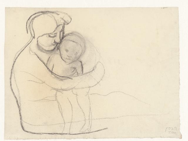 Paula Modersohn Becker Auf dem Boden sitzender weiblicher Akt nach rechts mit einem Kind auf dem Schoss 1906 Kohle auf Papier Privatbesitz Copyright