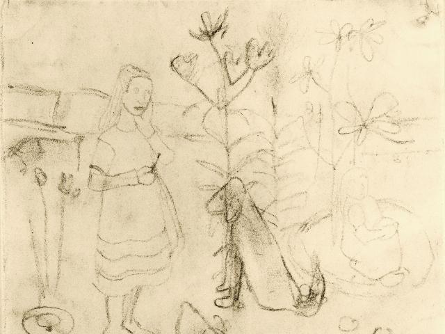 Paula Modersohn Becker Ein stehendes und ein sitzendes Maedchen im Garten mit Hund und Huhn 1907 Kohle Paula Modersohn Becker Stiftung Bremen Copyright