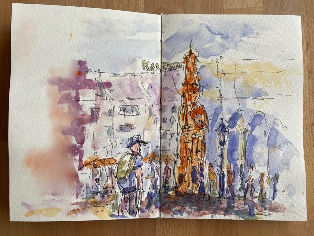 6 Urban Sketch von Touristen vorm Bremer Roland Copyright