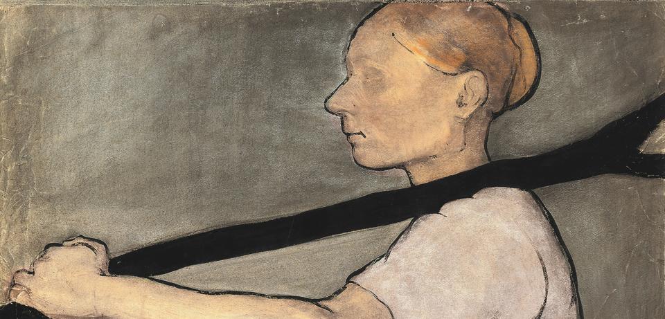 Paula Modersohn Becker Baeuerin eine Astgabel tragend um 1898 99 Tusche Pastell und Bleistift auf Karton Privatsammlung Paula Modersohn-Becker, Bäuerin, eine Astgabel tragend, um 1898/99, Tusche, Pastell und Bleistift auf Karton, Privatsammlung