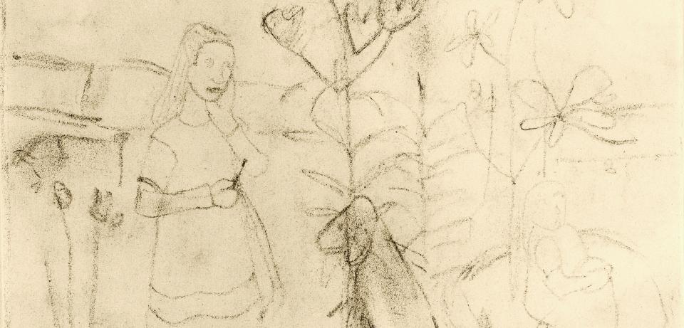 Paula Modersohn Becker Ein stehendes und ein sitzendes Maedchen im Garten mit Hund und Huhn 1907 Kohle Paula Modersohn Becker Stiftung Bremen Paula Modersohn-Becker, Ein stehendes und ein sitzendes Mädchen im Garten mit Hund und Huhn, 1907, Kohle, Paula-Modersohn-Becker-Stiftung Bremen