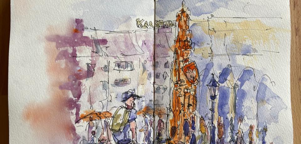 6 Urban Sketch von Touristen vorm Bremer Roland Skizze vom Turm des Bremer Marktplatzes mit Touristen, (c) Britta von Hohenstein