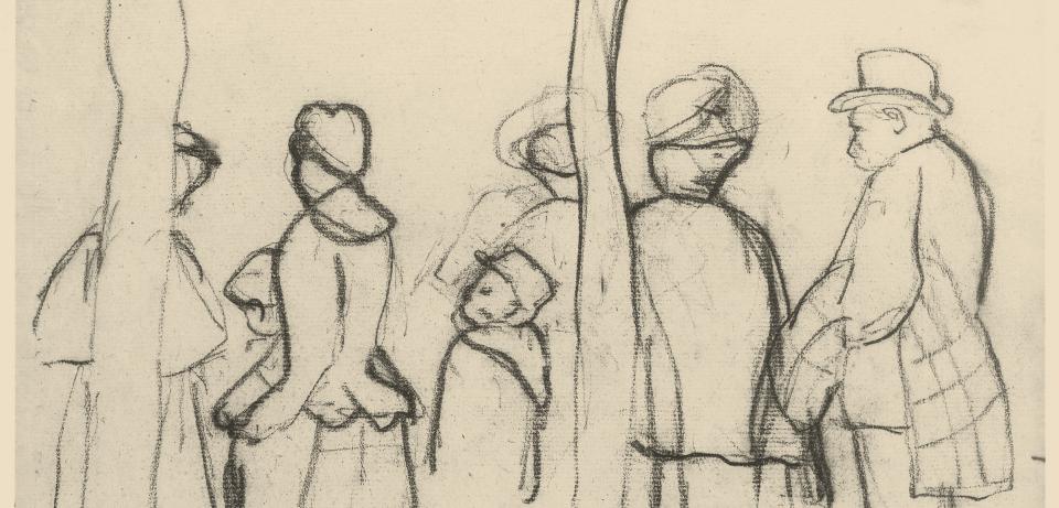 Paula Modersohn Becker Maenner Frauen und Kinder zwischen Baeumen 1905 Kohle Privatbesitz Paula Modersohn-Becker, Männer, Frauen und Kinder zwischen Bäumen, 1905, Kohle, Privatbesitz