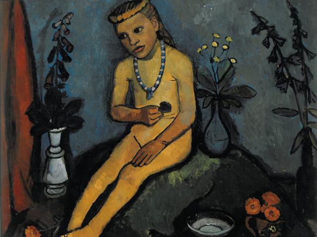 Paula Modersohn-Becker: Sitzender Mädchenakt mit Blumenvasen, 1906/07, Von der Heydt-Museum, Wuppertal