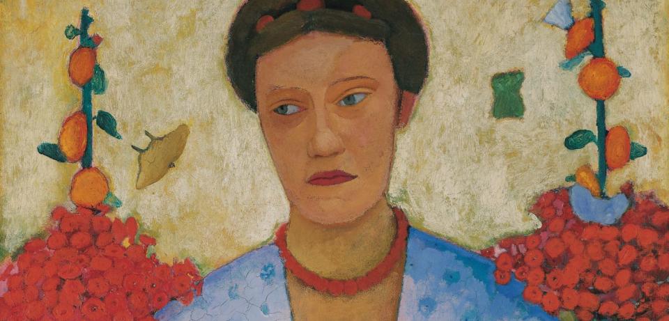 Paula Modersohn Becker Bildnis Lee Hoetger vor Blumengrund 1906 Oel auf Leinwand Museen Boettcherstrasse Paula Modersohn Becker Musuem Bremen 