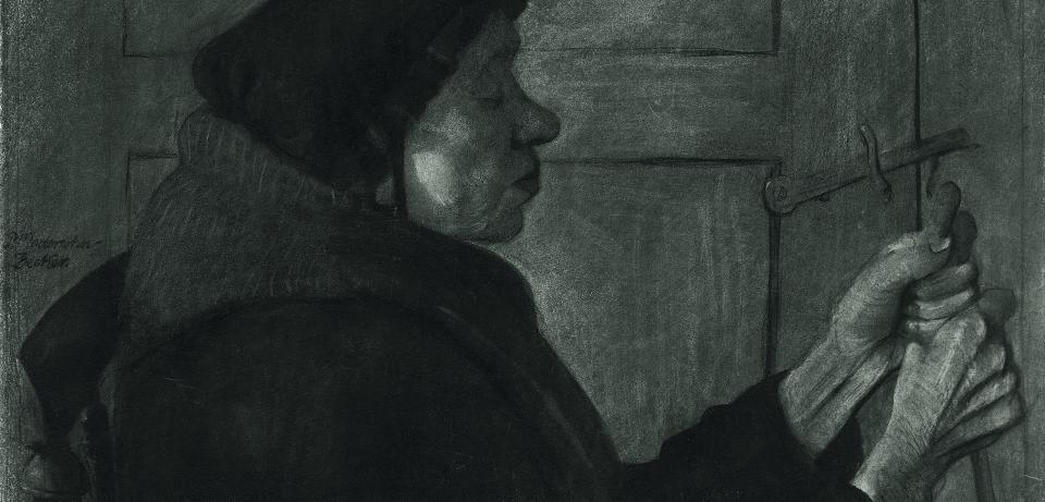 Paula Modersohn Becker Alte Frau im Profil nach rechts einen Stock haltend Worpswede 1898 99 Kohle Privatbesitz 