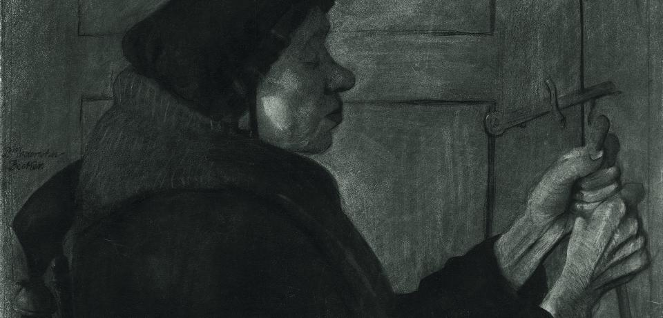 Paula Modersohn Becker Alte Frau im Profil nach rechts einen Stock haltend Worpswede 1898 99 Kohle Privatbesitz 