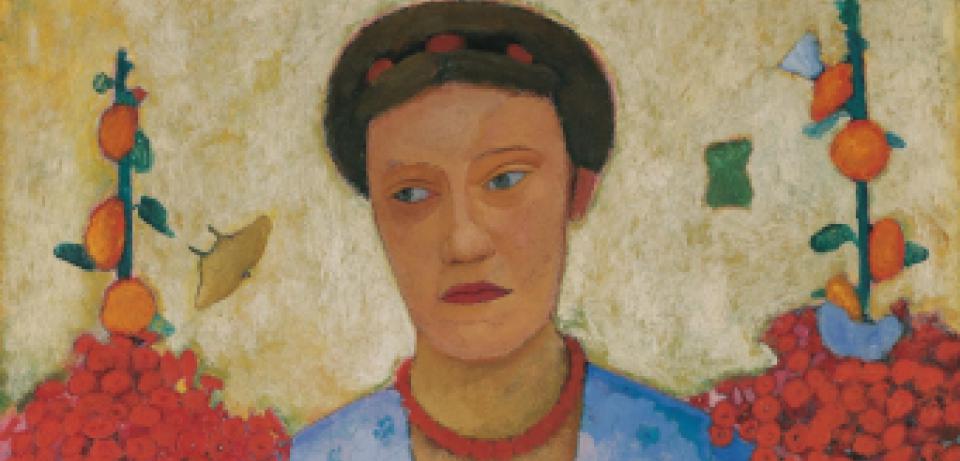 72dpi_Paula Modersohn-Becker, Bildnis Lee Hoetger vor Blumengrund, 1906 Paula Modersohn-Becker, Bildnis Lee Hoetger vor Blumengrund, 1906, Öl auf Leinwand, Museen Böttcherstraße, Paula Modersohn-Becker Museum, Bremen